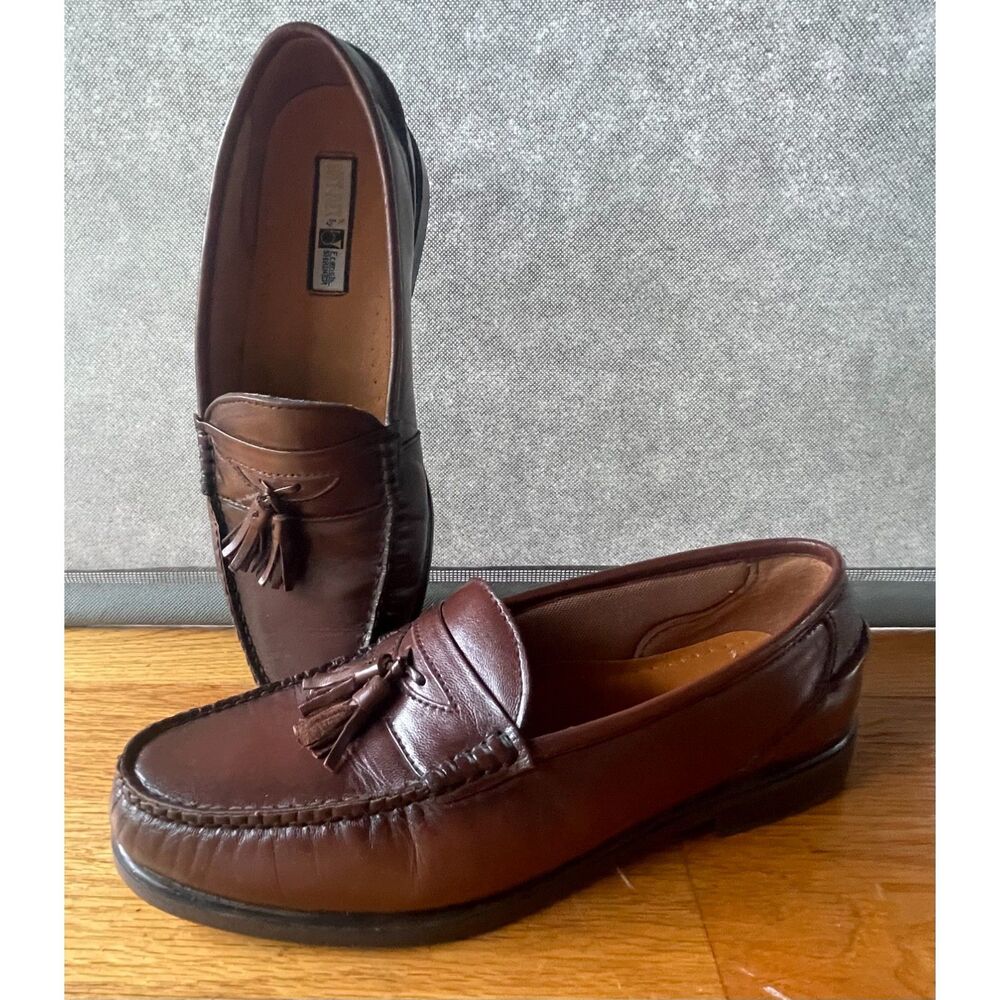 French Shriner Soft-Flex Mens 9.5M Brown Leather Tassel Loafers Dress Shoes